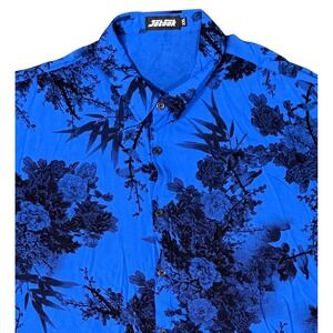 Jotook Men XXL Blue Black Floral Bamboo Print Rayon Short Sleeve Button Up Shirt